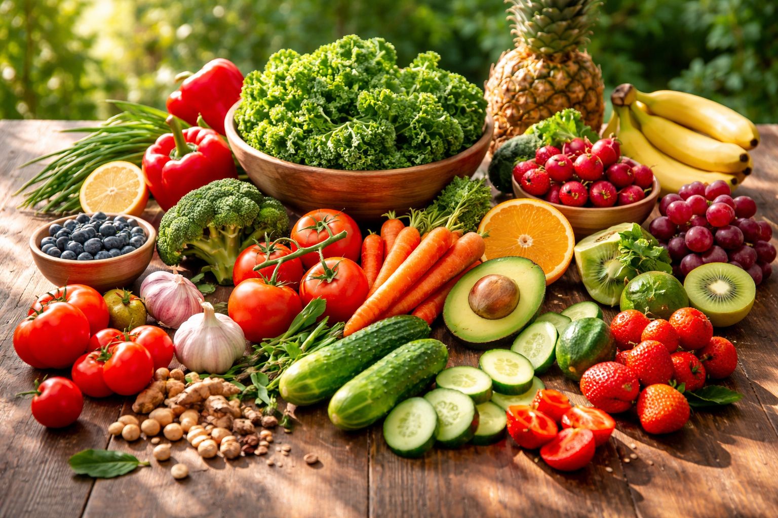 Fresh vibrant vegetables and fruits arranged on wooden table with natural sunlight, organic healthy food ingredients for energy and vitality