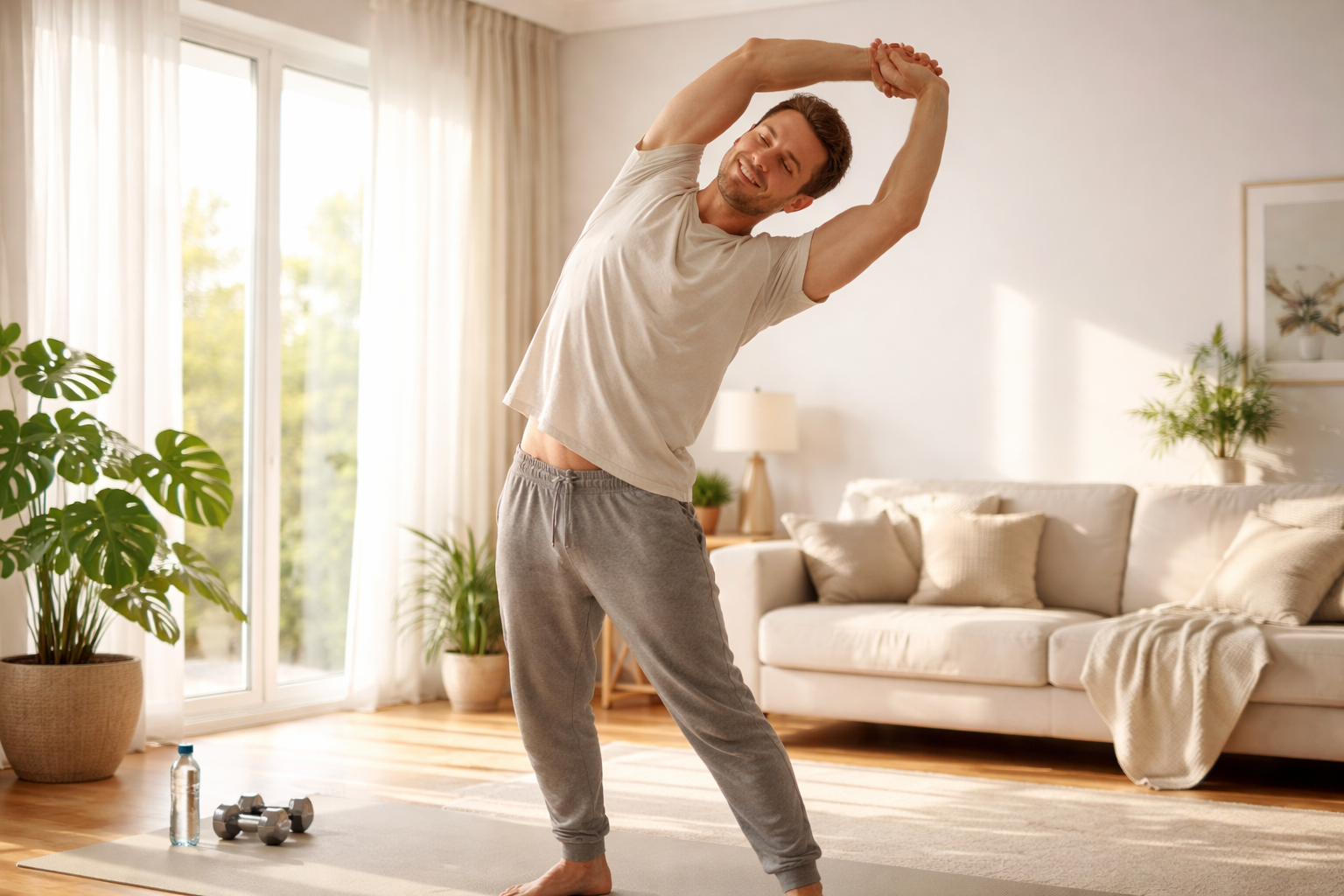 Person doing gentle morning stretches in bright room with natural light, peaceful wellness routine for daily energy